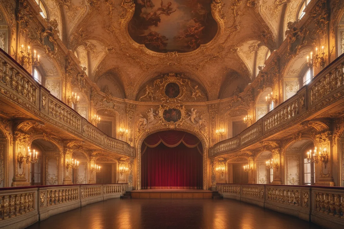 Barocker Musiksaal mit vergoldetem Stuckwerk und hölzernen Galeriebalkonen — sinnbildlich für das Heinrich-Schütz-Haus und das barocke Kulturerbe Weißenfels