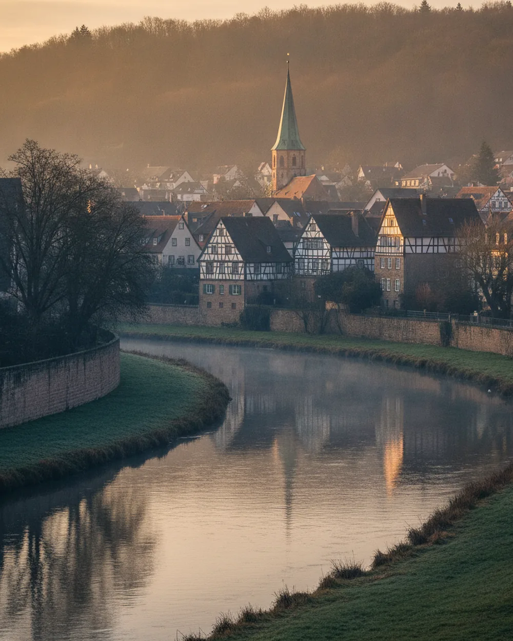 Saale-Flussbiegung durch eine historische deutsche Kleinstadt im Abendlicht — sinnbildlich für die Saale-Achse und das Stadtbild Weißenfels