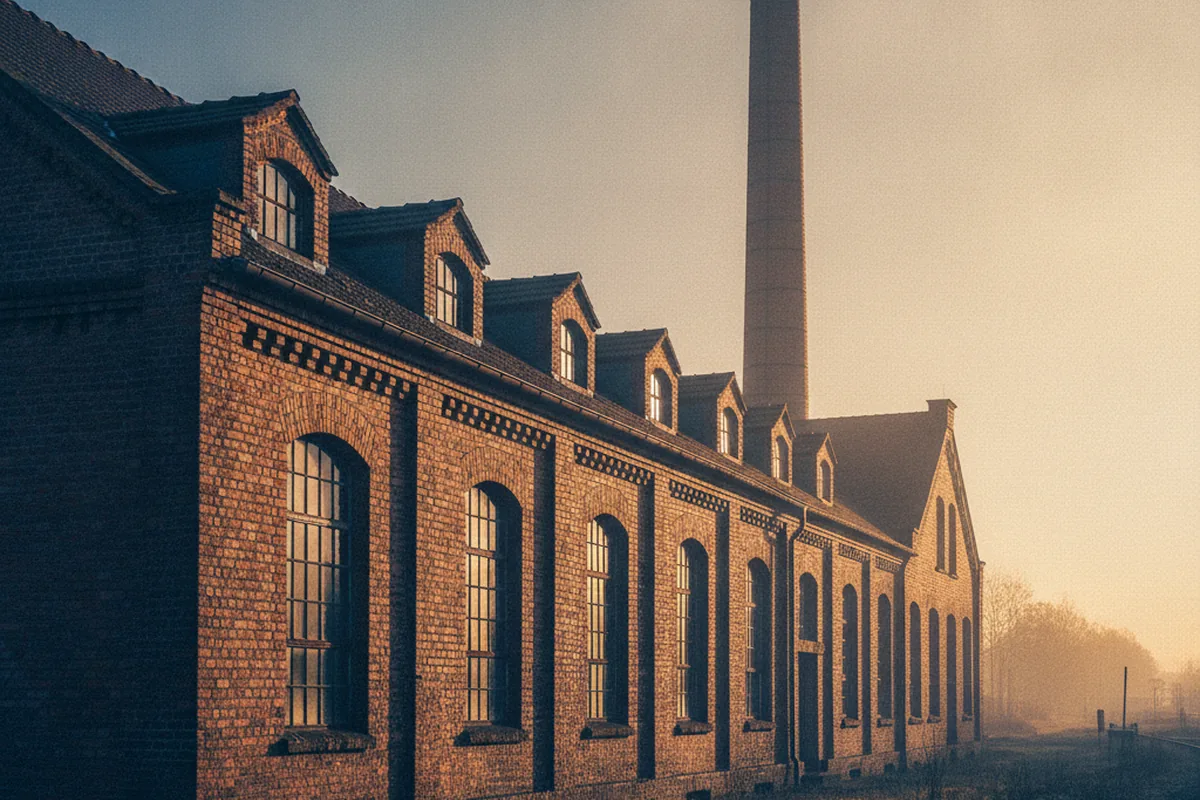 Historisches Backsteingebäude einer Schuhfabrik im Abendlicht — sinnbildlich für das Schuhindustrie-Erbe Weißenfels aus der DDR-Ära